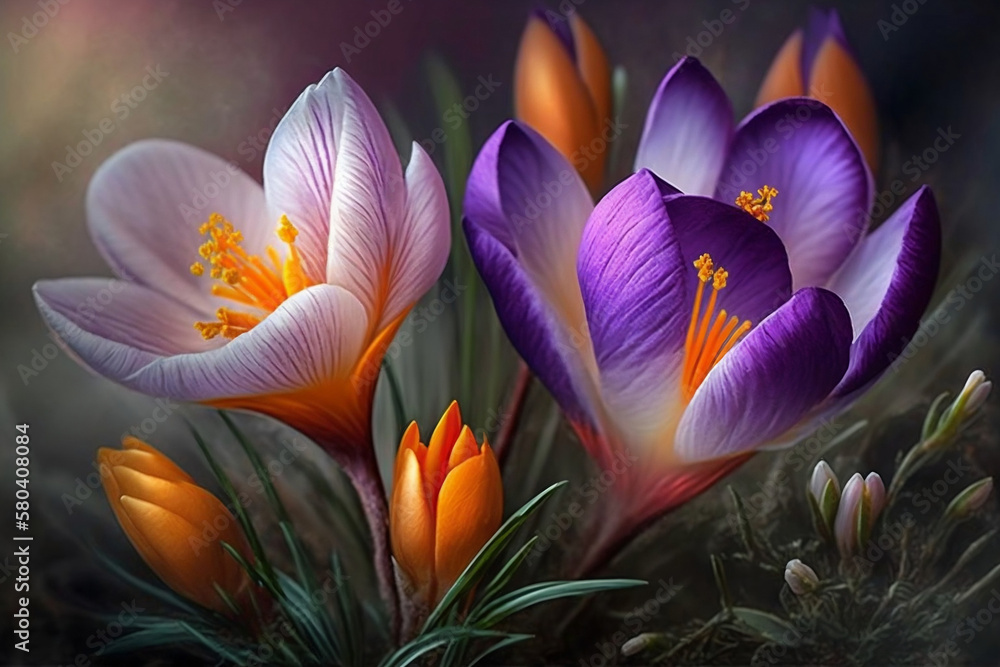 Colorful Spring Crocus Flowers, Beautiful Spring Flowers, Crocus, Generative Ai