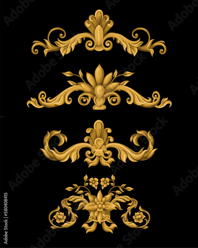 Gold baroque elements isolated. Vector.