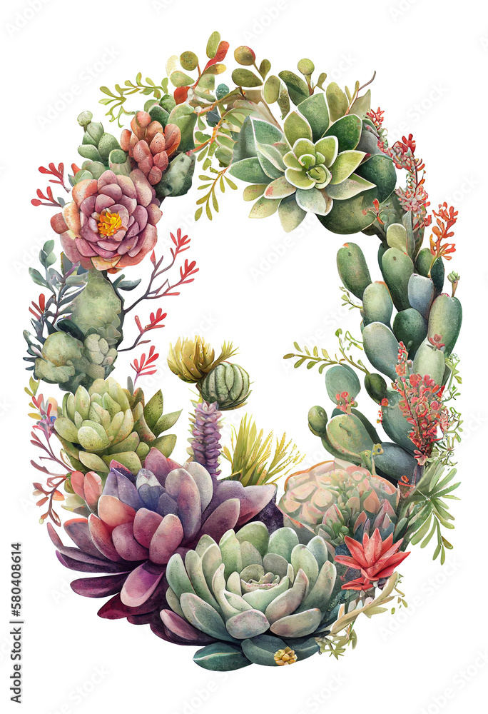Fototapeta premium Succulent wreath frame surround illustration design, gardening print copy space, fleshy leaved plants in a circle oval shape on transparent background, green leaves cacti framing (generative AI, AI)