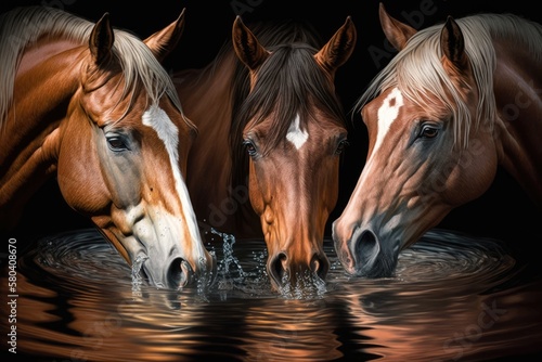 Three horses are drinking water. Horse portrait. Generative AI