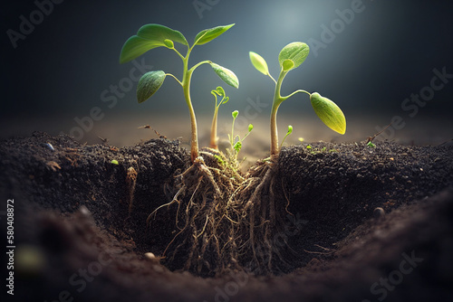 a young plant with roots sprouts in the ground,green vegetable sprouts grow in the soil, Generative AI photo
