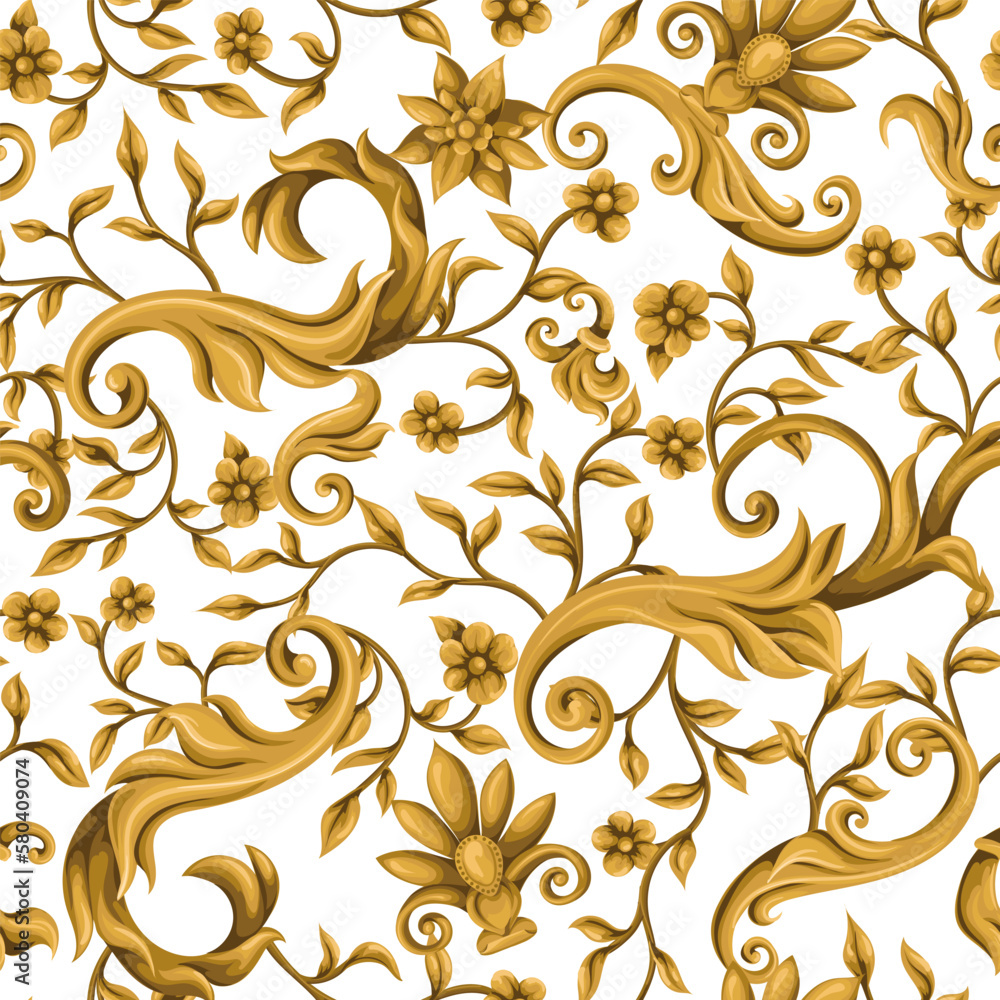 Seamless pattern with gold baroque elements. Vector. - obrazy, fototapety, plakaty 