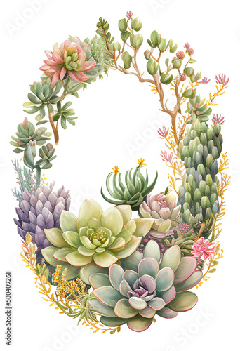 Succulent wreath frame surround illustration design, gardening print copy space, fleshy leaved plants in a circle oval shape on transparent background, green leaves cacti framing (generative AI, AI)