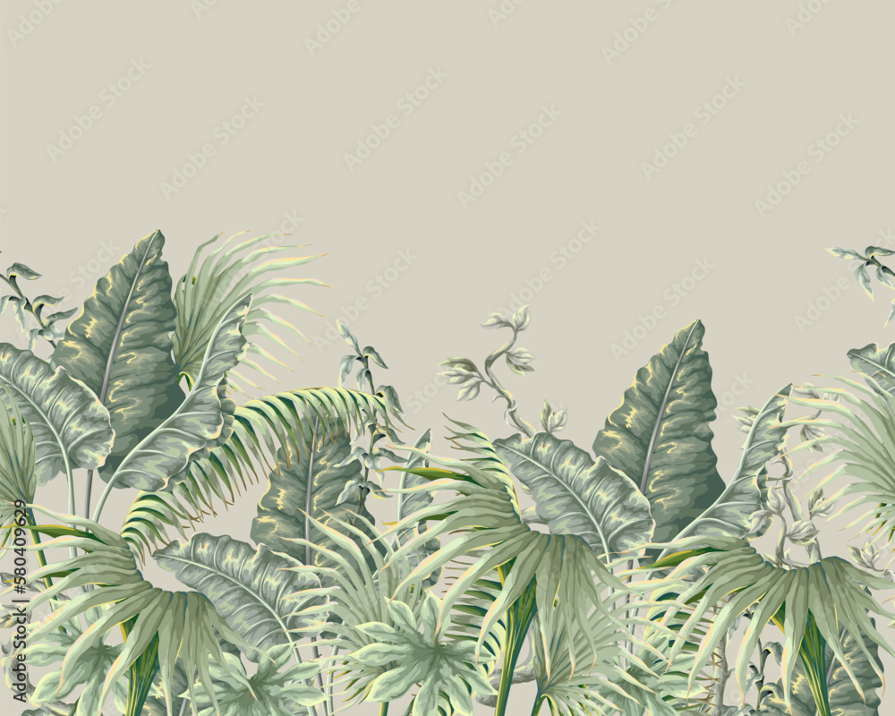 Border with jungle plants and leaves in victorian style. Vector.