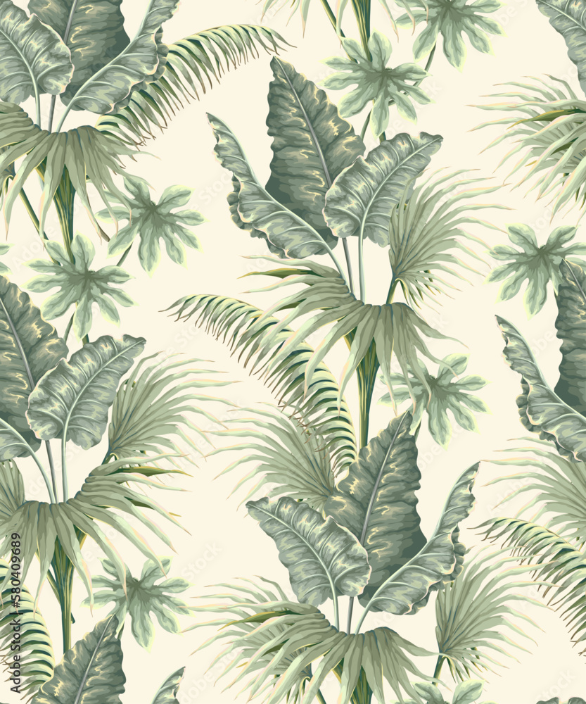 Seamless pattern with jungle plants and leaves in victorian style. Vector. Seamless pattern with jungle plants and leaves in victorian style. Vector.