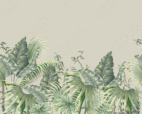 Border with jungle plants and leaves in victorian style. Vector.
