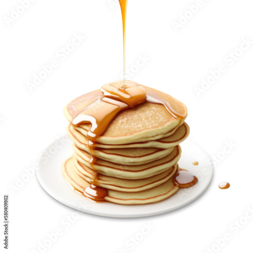 A stack of pancakes topped with maple syrup and butter isolated on white background. Generative AI