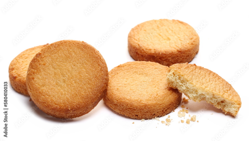 Shortbread biscuits pile, breton style, close up tea pastry with butter isolated on white Shortbread biscuits pile, breton style, close up tea pastry with butter isolated on white