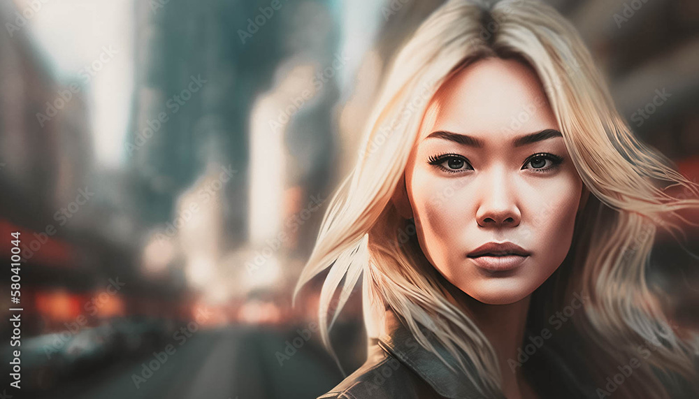 portrait of a blonde oriental woman in an urban setting. ai generated portrait of a blonde oriental woman in an urban setting. ai generated