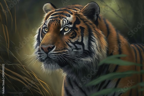 Sumatran tiger  Panthera tigris sumatrae  is a beautiful animal  and a picture of him has been drawn. Generative AI
