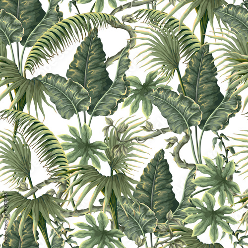 Seamless pattern with jungle plants and leaves in victorian style. Vector.
