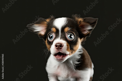 Crazy cute white and brown dog on a dark background. Generative AI