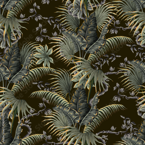 Seamless pattern with jungle plants and leaves in victorian style. Vector.