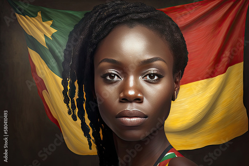 Young african woman on a red-yellow-green flag background. Generative AI