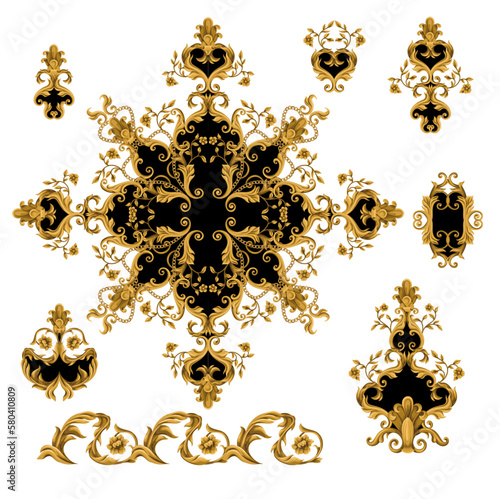 Gold baroque elements isolated. Vector.