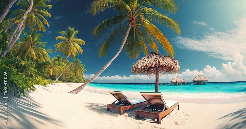 Sunbeds on tropical beach with white sand. Palms and turquoise ocean. Based on Generative AI