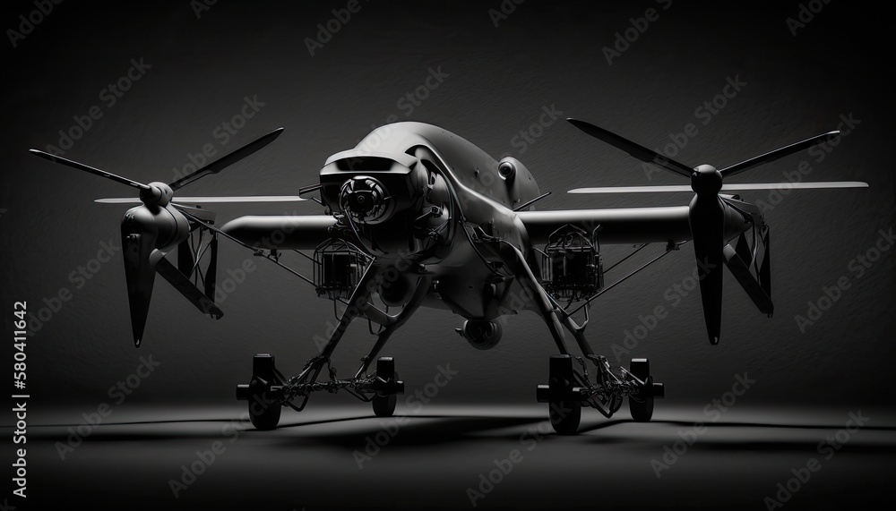 Fototapeta premium A black and silver drone hovers against a dark background, lit by a spotlight. The atmosphere is intense and dynamic, hinting at the drone's capabilities for adventure and exploration. generative ai