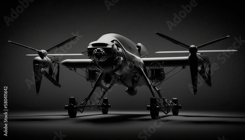 A black and silver drone hovers against a dark background, lit by a spotlight. The atmosphere is intense and dynamic, hinting at the drone's capabilities for adventure and exploration. generative ai © 3D Station