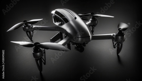A black and silver drone hovers against a dark background, lit by a spotlight. The atmosphere is intense and dynamic, hinting at the drone's capabilities for adventure and exploration. generative ai