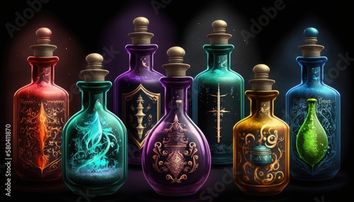 A collection of colorful potions and elixirs in glass vials. The mood is mysterious and intriguing. generative ai