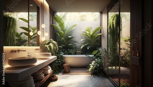 A luxurious spa-like bathroom setup surrounded by tropical greenery  featuring a soaking tub  sleek vanity  and ambient lighting. HD  soft natural lighting. generative ai