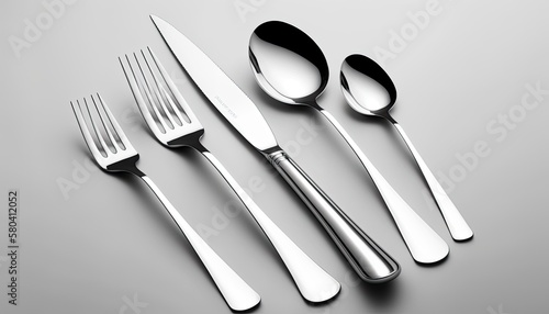 A minimalist silver flatware set arranged on a white background. The lighting is clean and bright  highlighting the set s sleek and modern design. generative ai