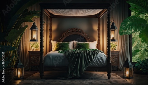 A romantic bedroom setup on a tropical island, featuring a luxurious canopy bed, soft lighting, and plenty of lush greenery. HD, soft natural lighting. generative ai