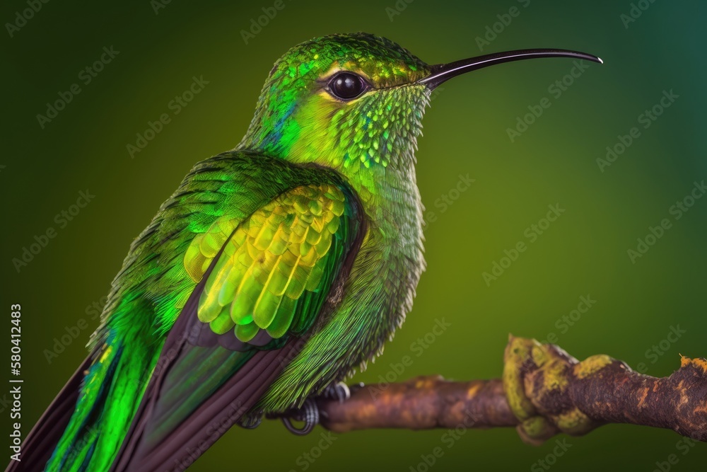 The Green crowned Brilliant, Heliodoxa jacula, is shown against a green background in a very detailed picture from Costa Rica. A tropical forest animal. South American hummingbird with a lot of shine The Green crowned Brilliant, Heliodoxa jacula, is shown against a green background in a very detailed picture from Costa Rica. A tropical forest animal. South American hummingbird with a lot of shine