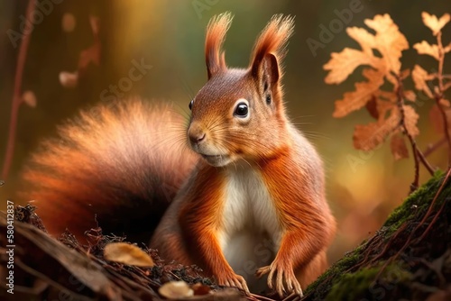 The Eurasian red squirrel  Sciurus vulgaris  in its natural habitat  an autumn forest. A close up picture of a squirrel. Rich  warm colors fill the forest. Generative AI