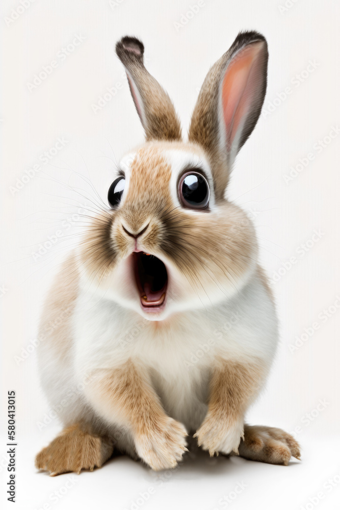 Fototapeta premium Frightened rabbit with wide open eyes and mouth. Angsthase. Generative AI