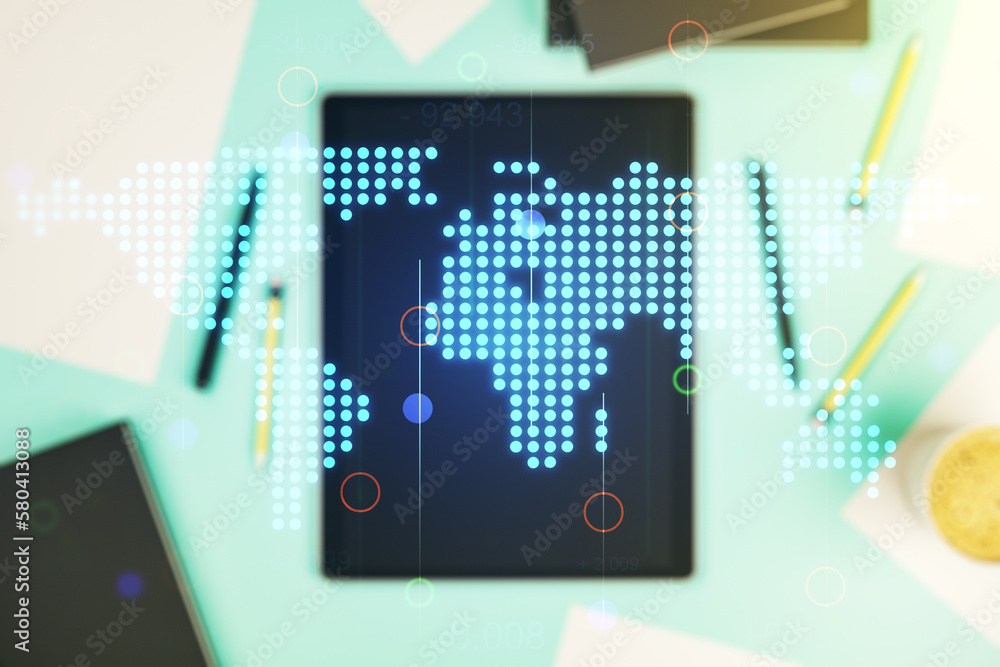 Obraz premium Double exposure of abstract digital world map and modern digital tablet on background, big data and blockchain concept