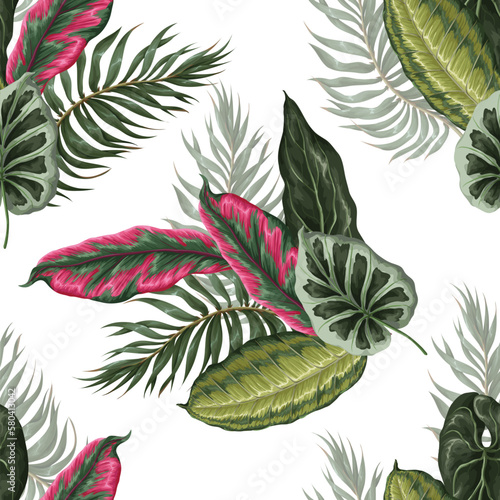 Vivid seamless pattern with tropical leaves on the white background. Vector.