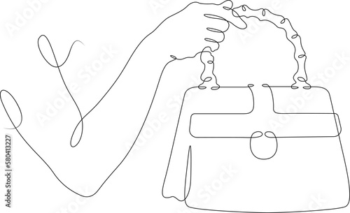 One continuous line. Female hand with a handbag. Ladies elegant bag.One continuous line drawn isolated, white background.