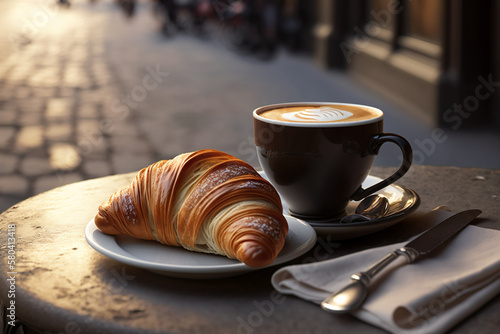 Breakfast with croissant and a cup of cappuccino on the table early morning in a street cafe. Generative Ai.