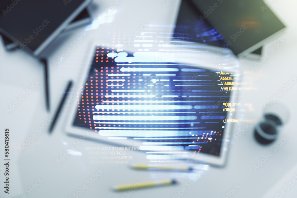 Multi exposure of abstract software development hologram with world map and digital tablet on background, top view, global research and analytics concept - obrazy, fototapety, plakaty 