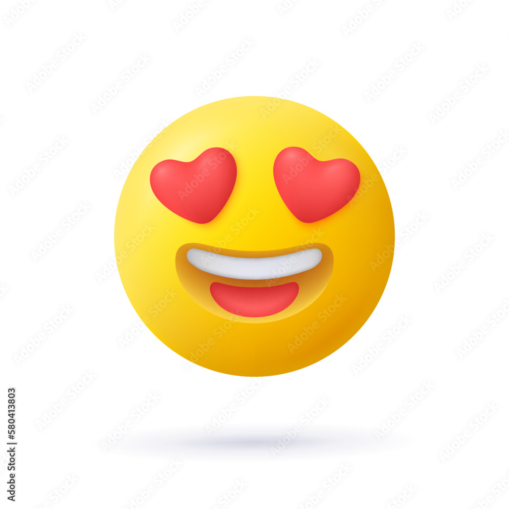 Fototapeta premium Yellow emoji face smile with red hearts instead of eyes and open smile. Feeling in love emoticon. 3d vector icon. Cartoon minimal style.