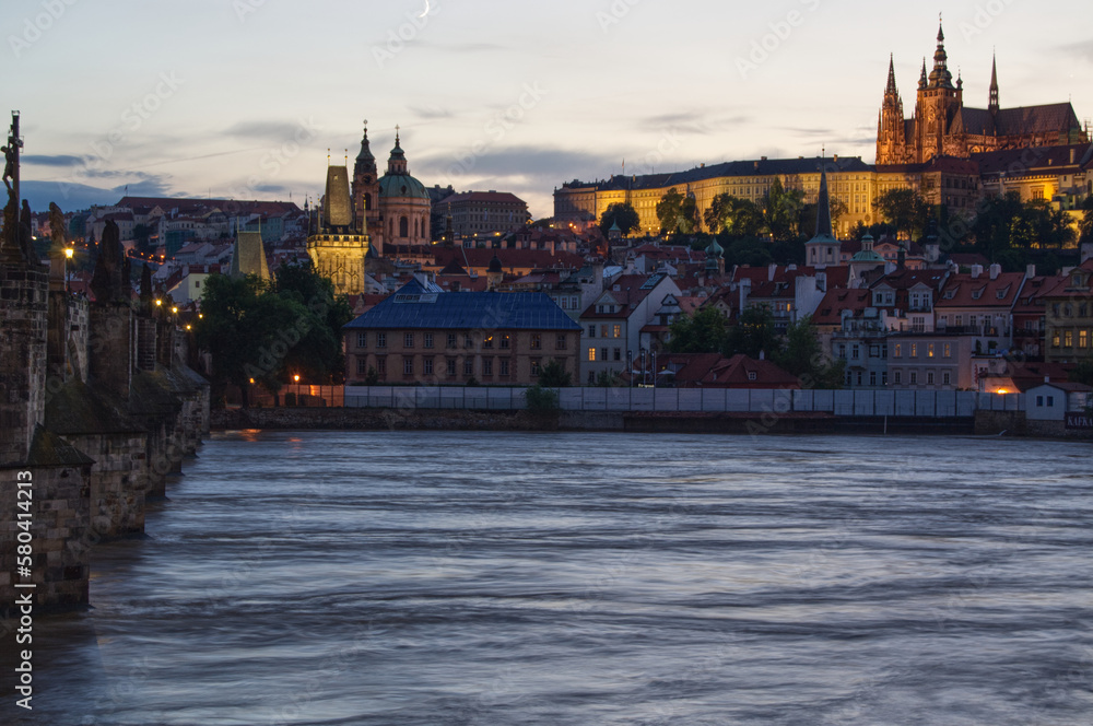 Vltava river and Prague castle in sunset light