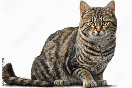 Realistic drawing of a cat (Felis silvestris catus) for a pet encyclopedia. Image on white background. Generative AI