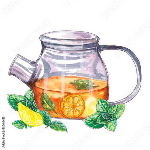 Glass teapot with lemon and mint tea. Watercolor drawing.