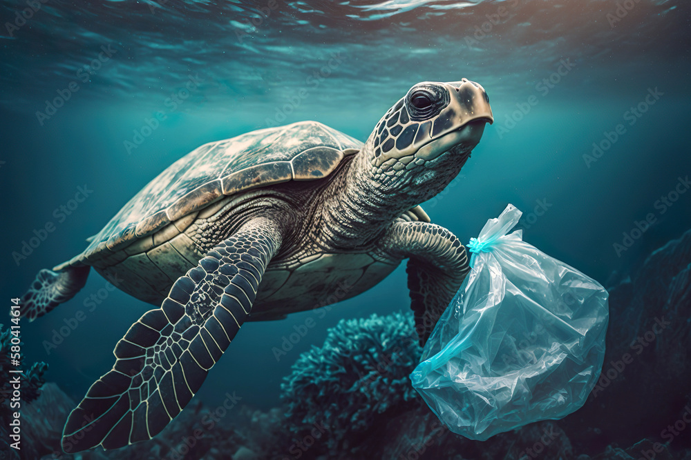 Fototapeta premium Plastic pollution in ocean environmental problem. Turtles with plastic bag. Generative Ai