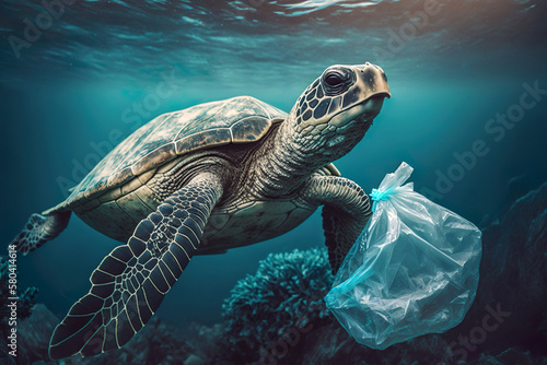 Plastic pollution in ocean environmental problem. Turtles with plastic bag. Generative Ai