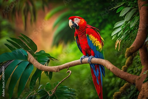 Red bird Bird sitting on a branch, Scarlet Macaw, Ara macao, Costa Rica. Scene of animals in a tropical forest. A beautiful parrot is sitting on a green tree in nature. Generative AI