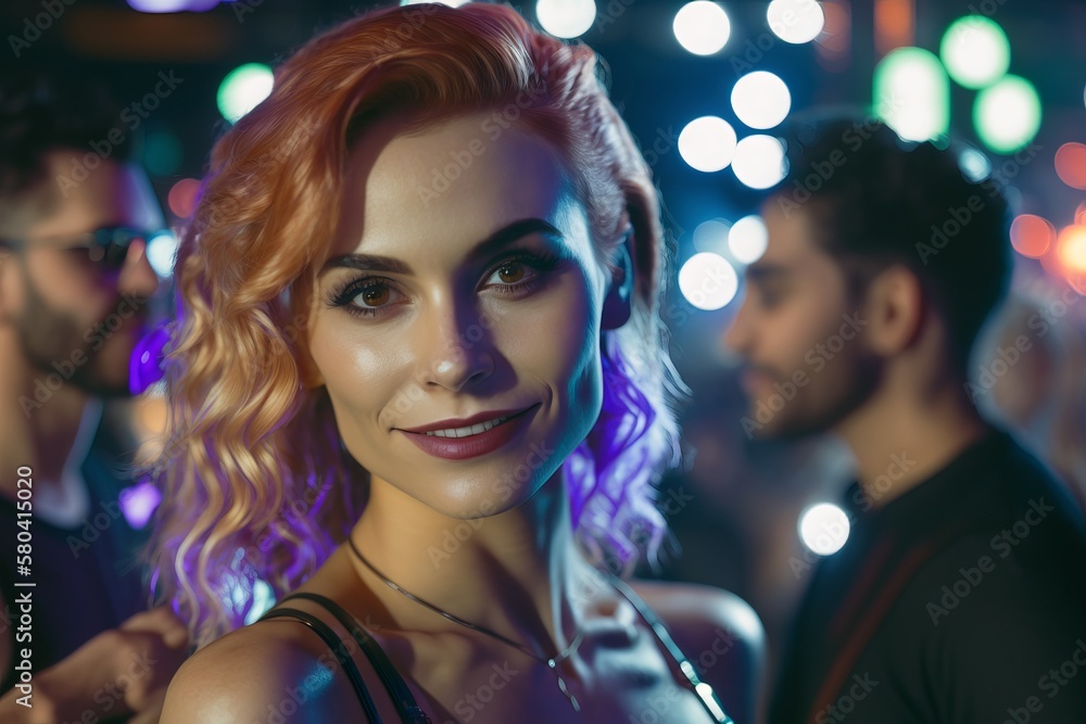 Party girl socializing on a night out. Happy woman smiling, chatting and having fun with friends outdoor at the restaurant or bar Party girl socializing on a night out. Happy woman smiling, chatting and having fun with friends outdoor at the restaurant or bar