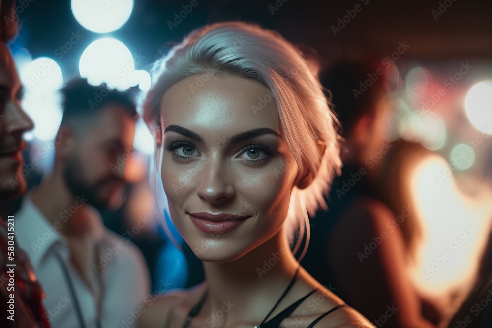 Party girl socializing on a night out. Happy woman smiling, chatting and having fun with friends outdoor at the restaurant or bar
