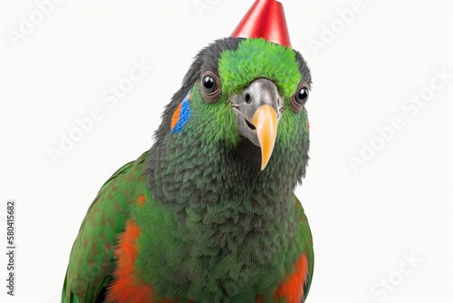 Red Winged Parrot wearing a birthday hat and looking at the camera. stand out against a white background. Generative AI