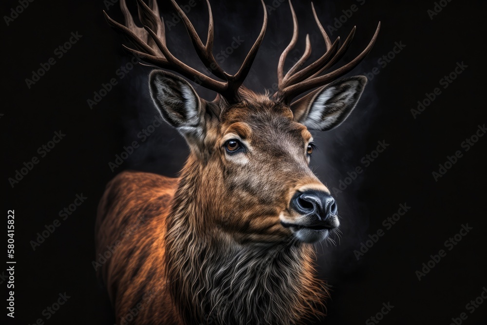 Red deer portrait on black background. Generative AI