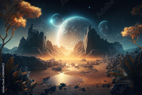 Stunning Night extraterrestrial scene. Huge mountains against Starry sky. Fantasy landscape. Alien planet. Photorealistic Generative AI illustration.