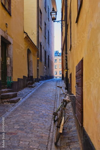 Narrow small streets and courtyards of old part of Swedish Stockholm  sunny February tourist day in capital of Scandinavia  Gamla Stan island.