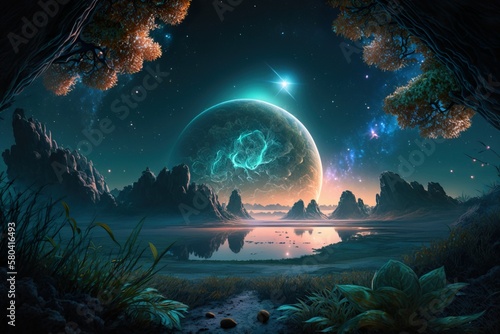 Stunning Night extraterrestrial scene. Huge mountains against Starry sky. Fantasy landscape. Alien planet. Photorealistic Generative AI illustration.