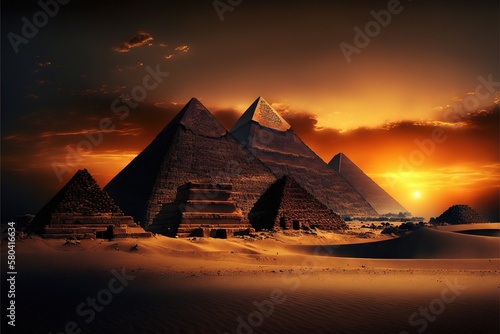 Beautiful pyramids against the backdrop of sunset and magnificent clouds AI